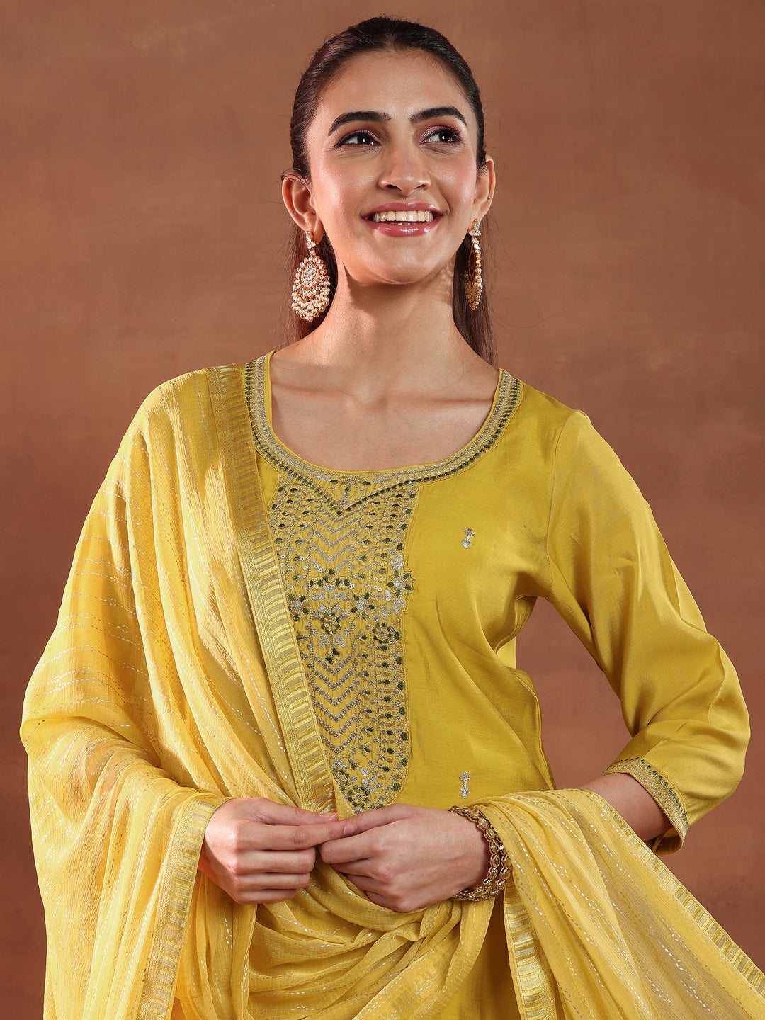 Yellow Yoke Design Silk Blend Straight Suit With Dupatta