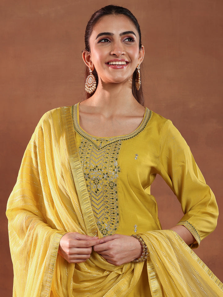 Yellow Yoke Design Silk Blend Straight Suit With Dupatta