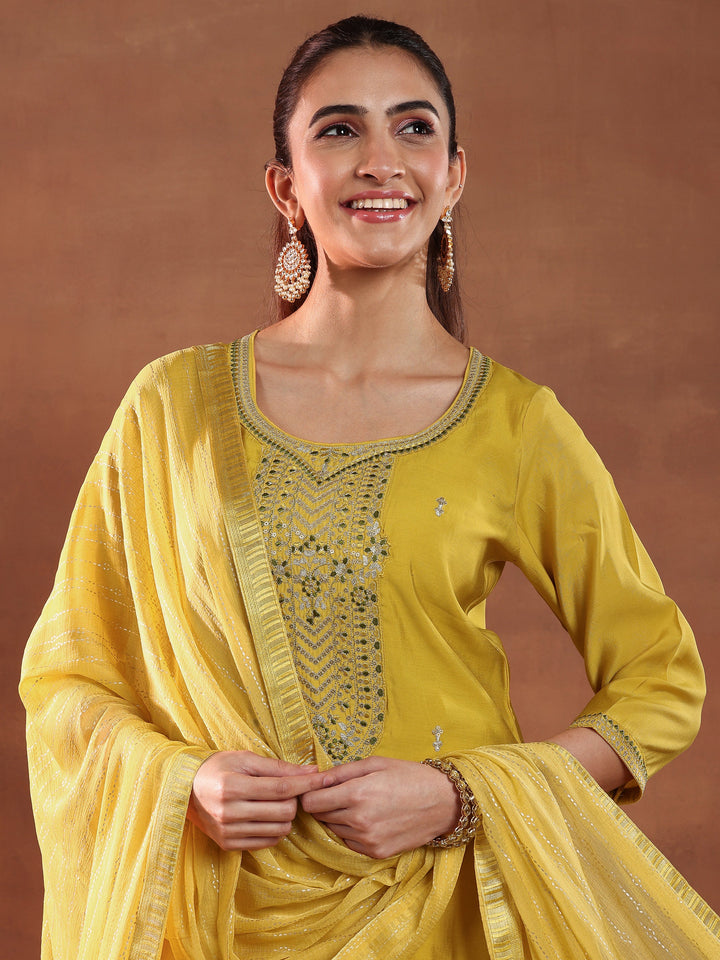 Yellow Yoke Design Silk Blend Straight Suit With Dupatta