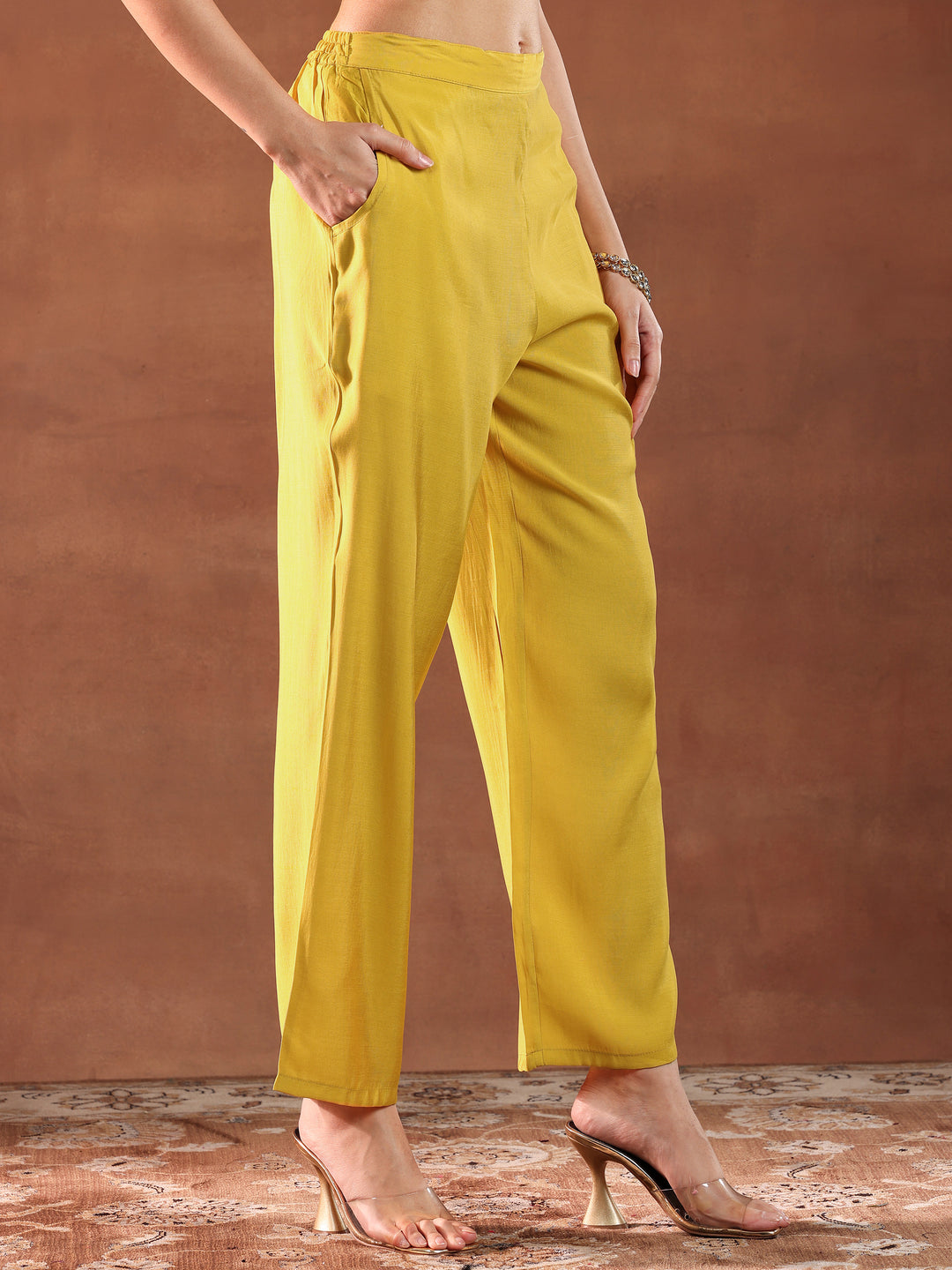 Yellow Yoke Design Silk Blend Straight Suit With Dupatta