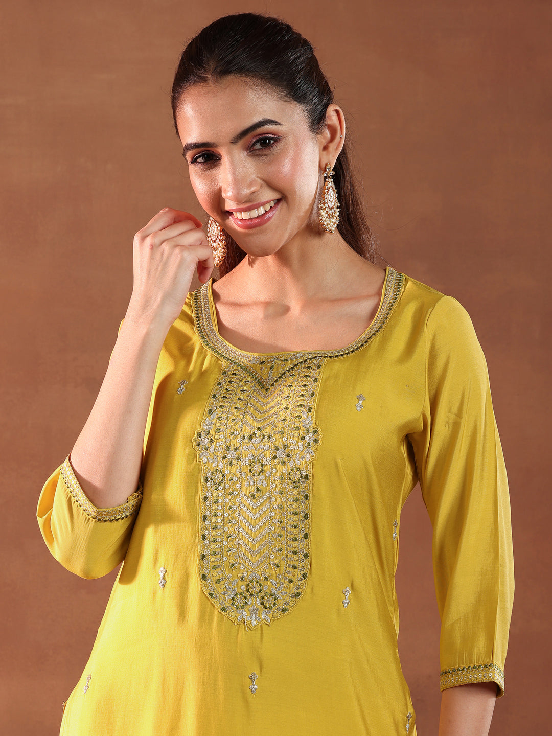 Yellow Yoke Design Silk Blend Straight Suit With Dupatta