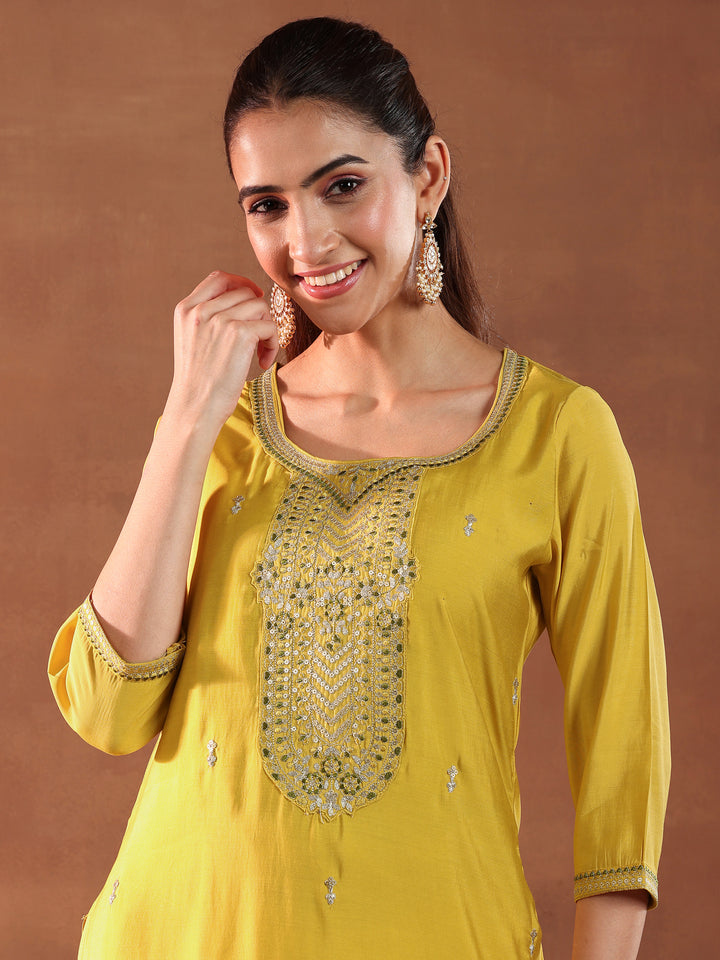 Yellow Yoke Design Silk Blend Straight Suit With Dupatta
