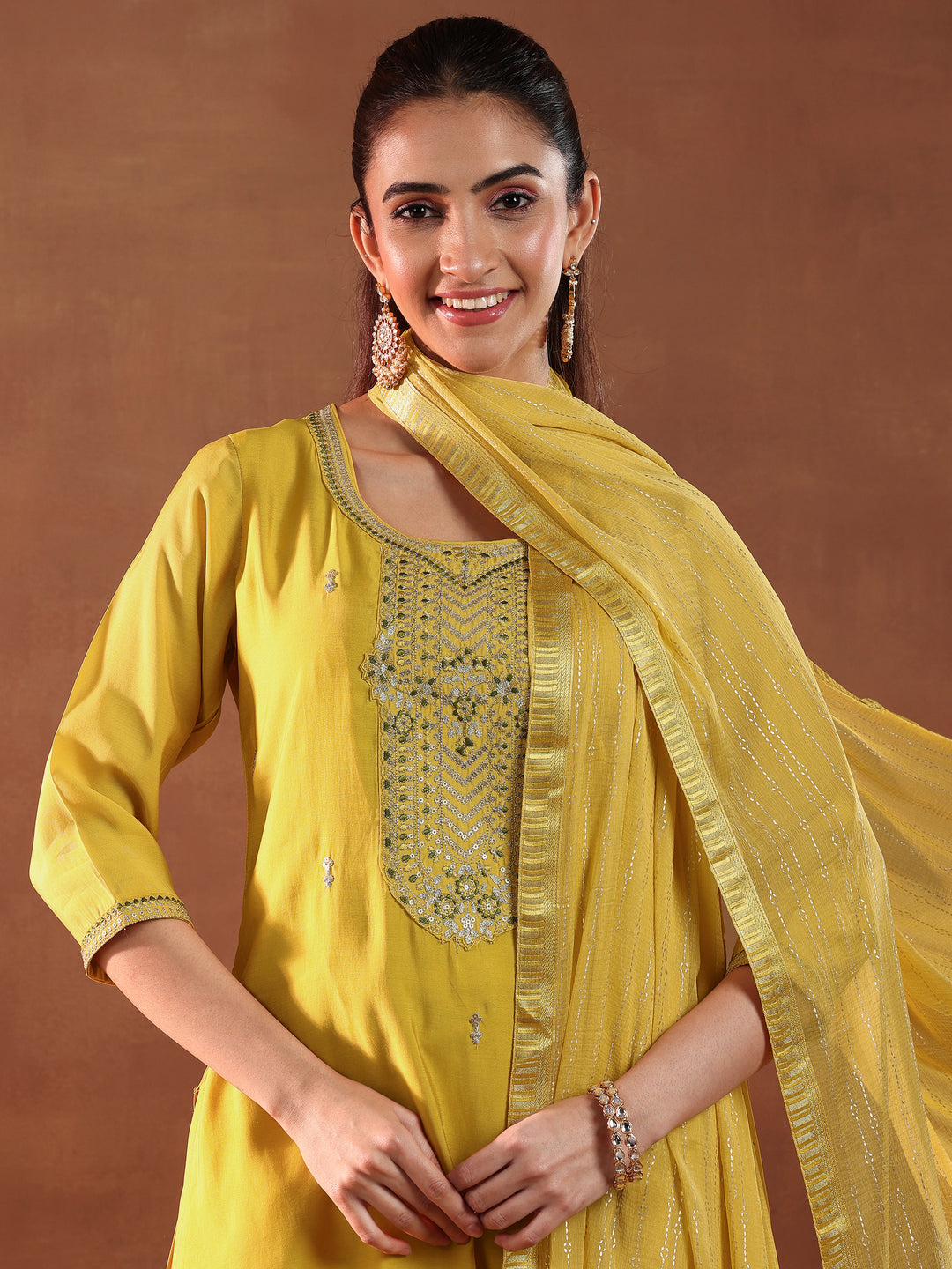 Yellow Yoke Design Silk Blend Straight Suit With Dupatta