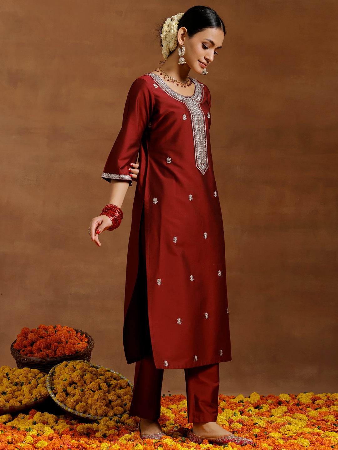 Maroon Embroidered Silk Blend Straight Suit With Dupatta