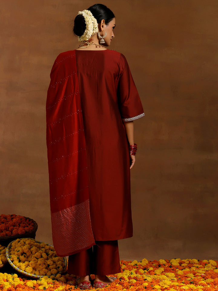 Maroon Embroidered Silk Blend Straight Suit With Dupatta