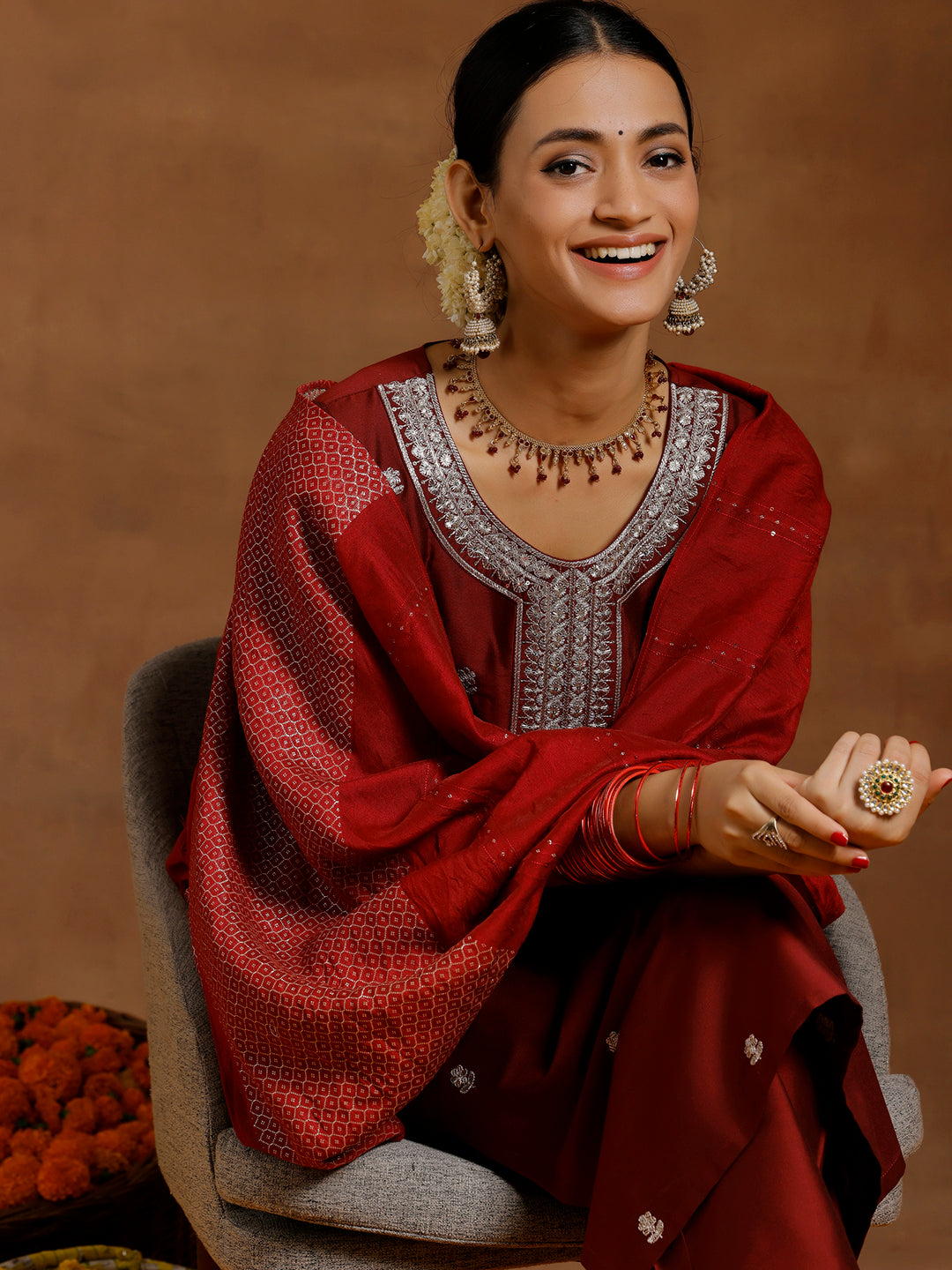 Maroon Embroidered Silk Blend Straight Suit With Dupatta