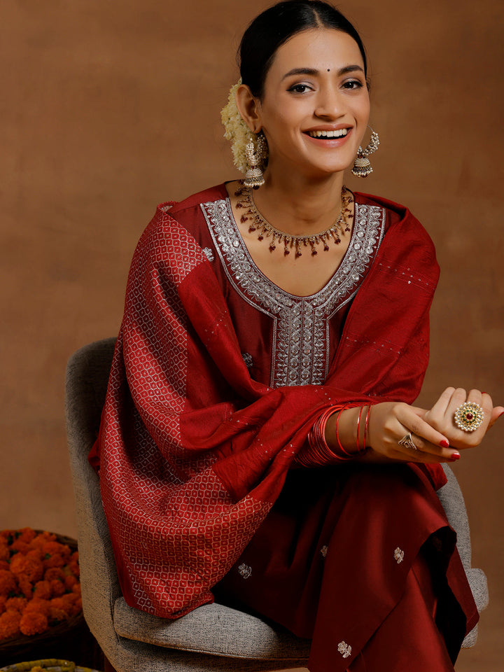 Maroon Embroidered Silk Blend Straight Suit With Dupatta