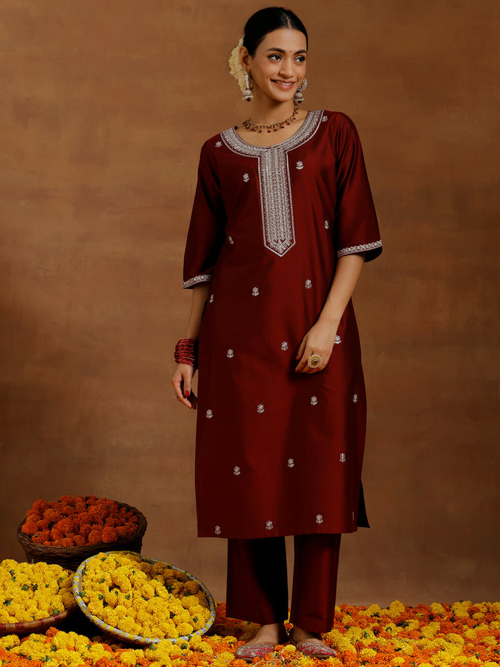 Maroon Embroidered Silk Blend Straight Suit With Dupatta
