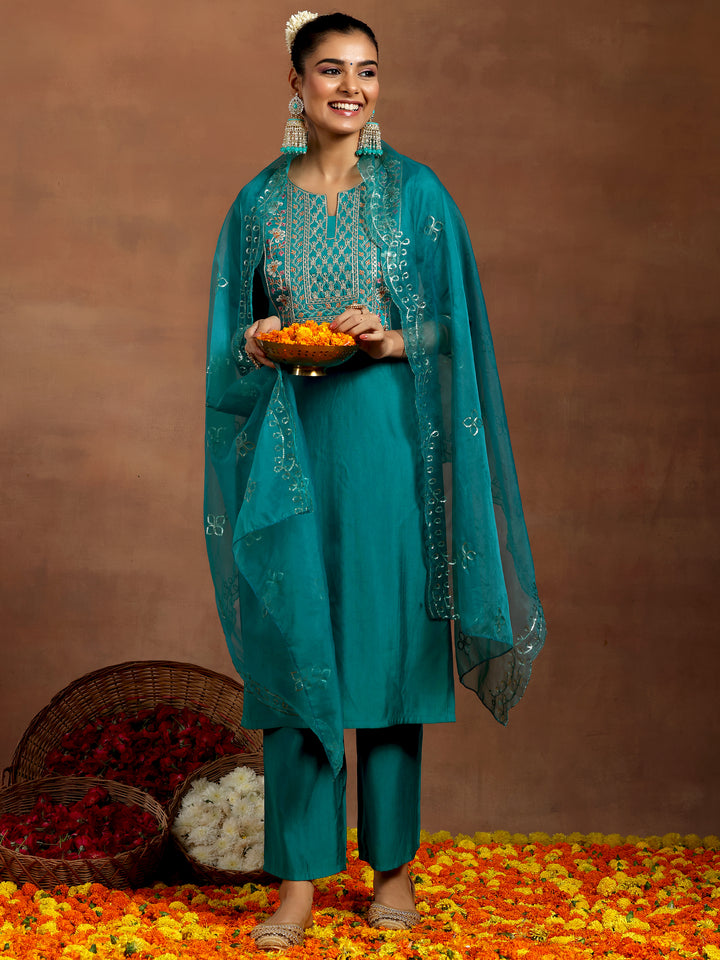 Teal Yoke Design Silk Blend Straight Suit With Dupatta