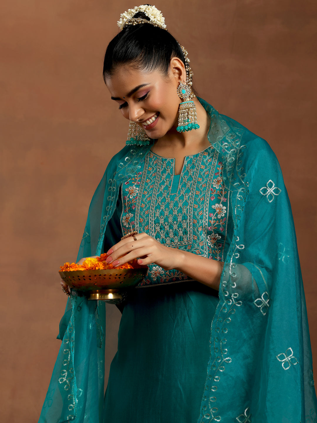 Teal Yoke Design Silk Blend Straight Suit With Dupatta