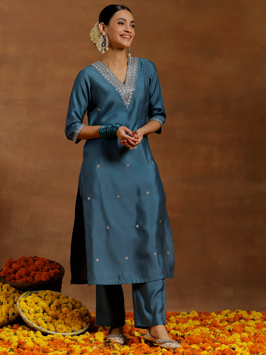 Blue Embroidered Silk Blend Straight Kurta Set