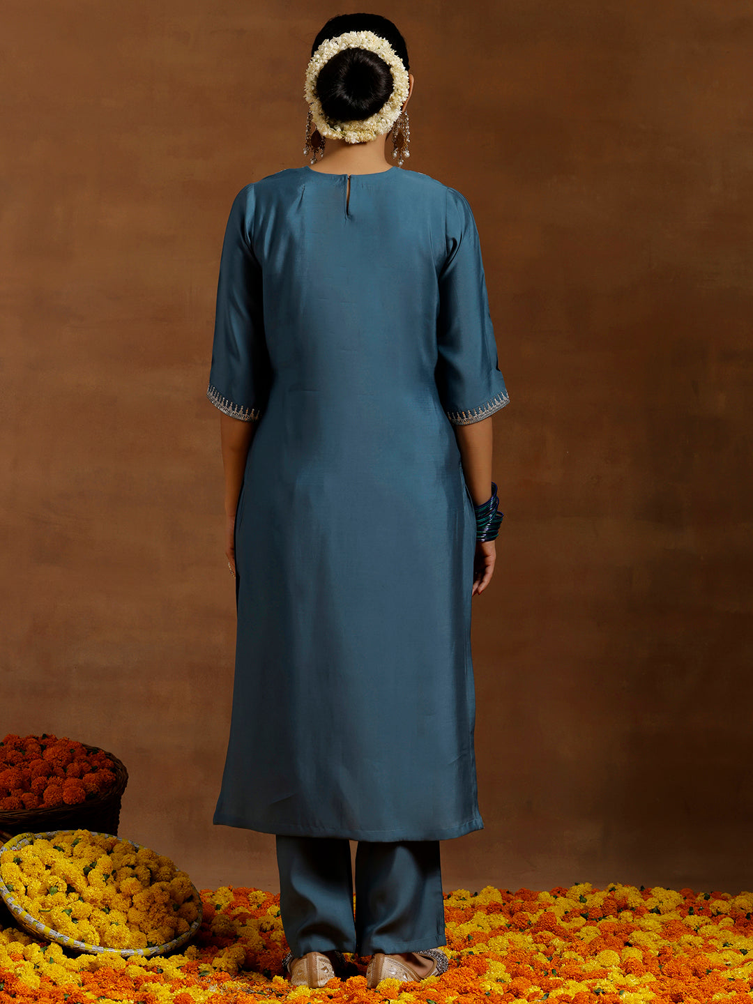 Blue Embroidered Silk Blend Straight Kurta Set