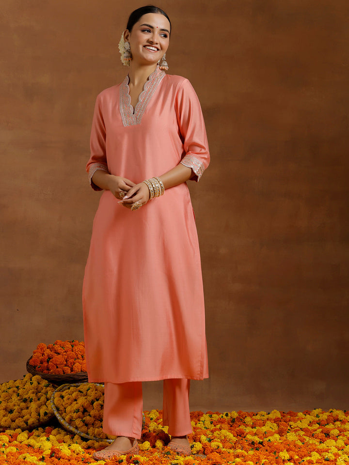 Peach Embroidered Silk Blend Straight Kurta Set