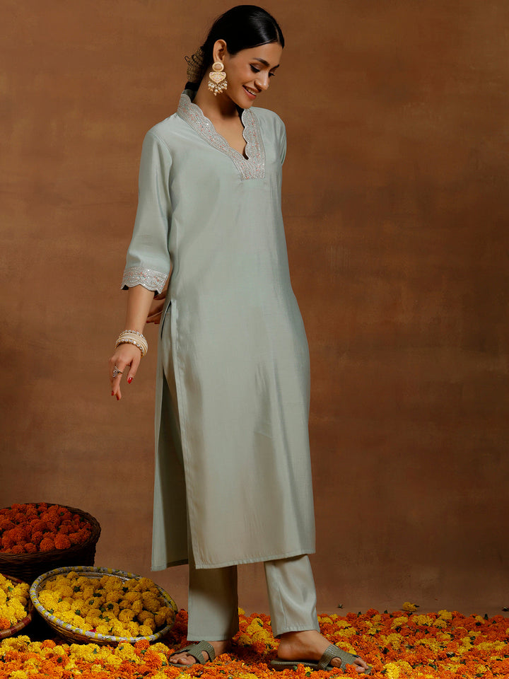 Sea Green Embroidered Silk Blend Straight Kurta Set