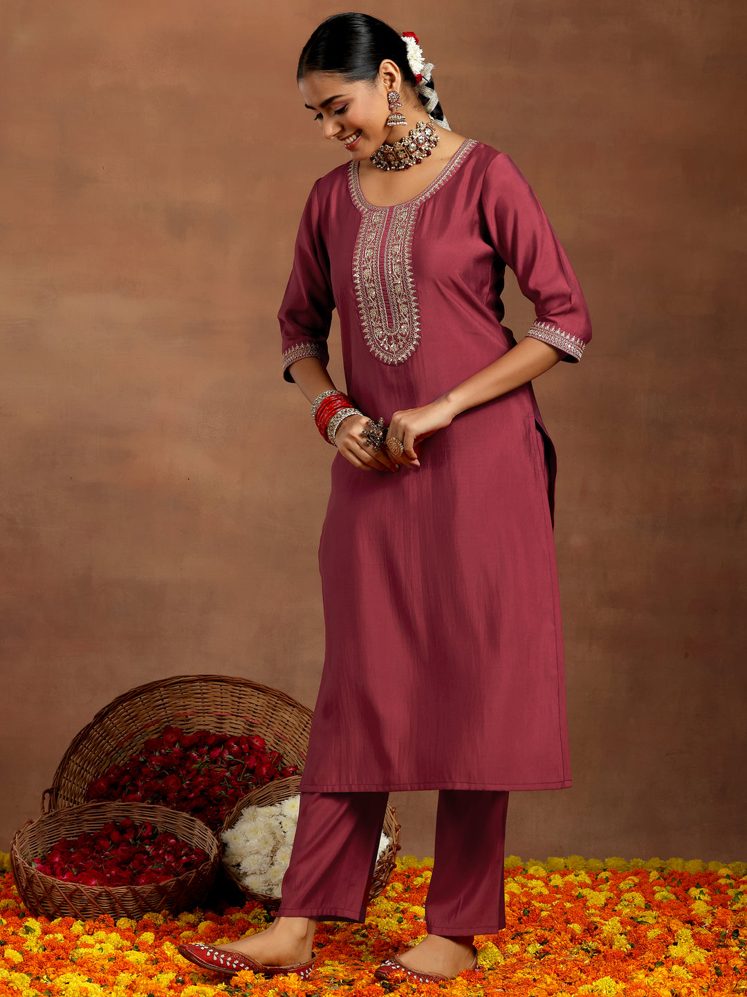 Rust Yoke Design Silk Blend Straight Suit With Dupatta