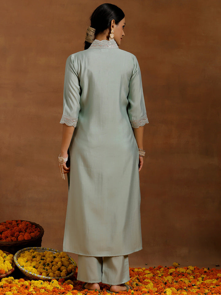 Sea Green Embroidered Silk Blend Straight Kurta Set