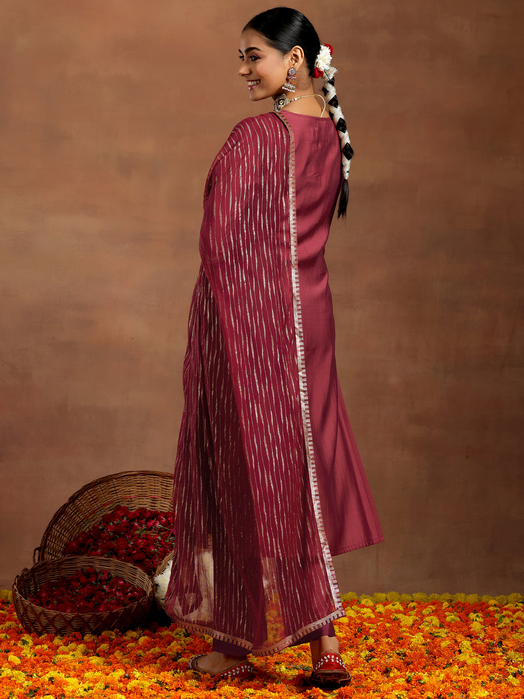 Rust Yoke Design Silk Blend Straight Suit With Dupatta