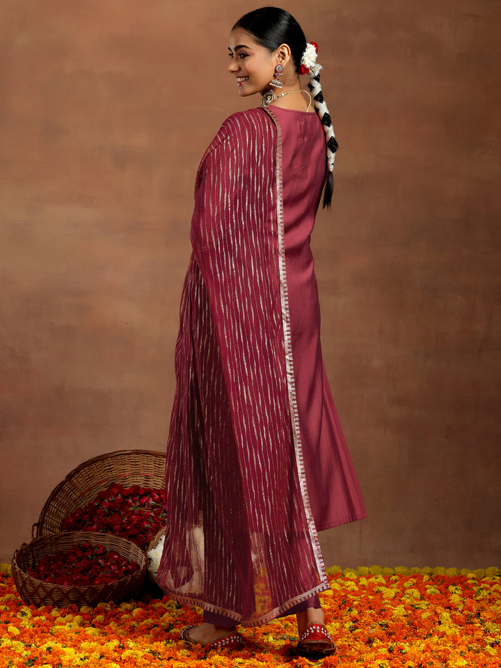 Rust Yoke Design Silk Blend Straight Suit With Dupatta