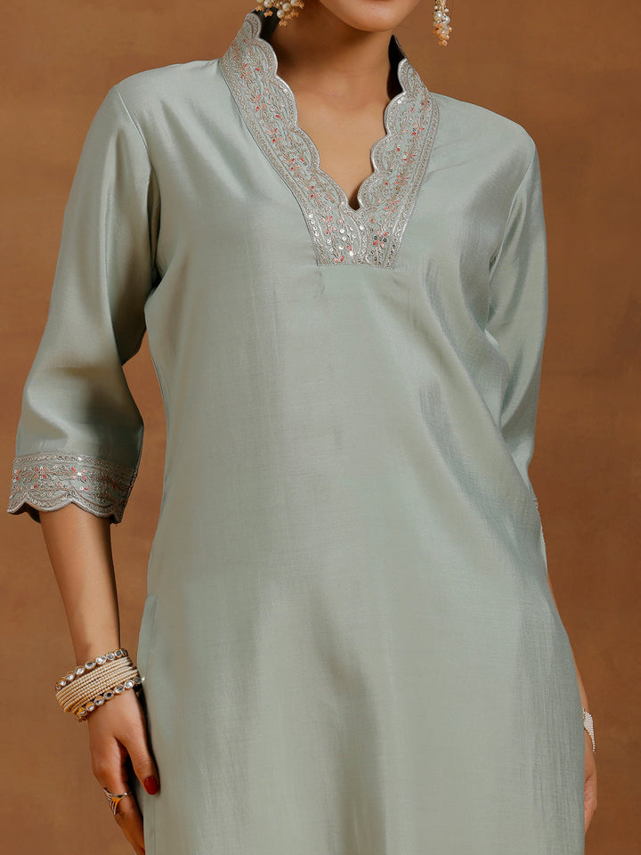 Sea Green Embroidered Silk Blend Straight Kurta Set