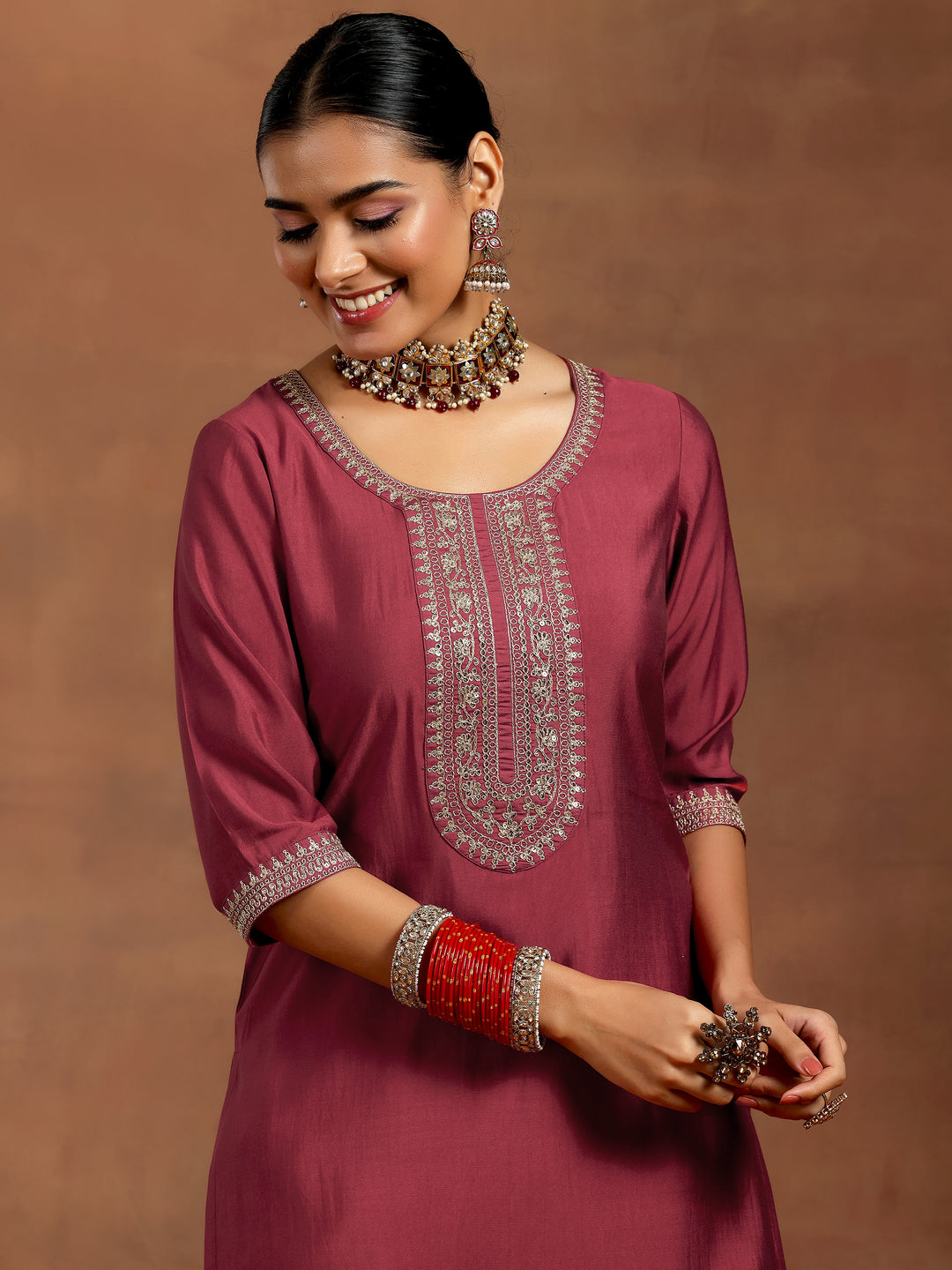 Rust Yoke Design Silk Blend Straight Suit With Dupatta