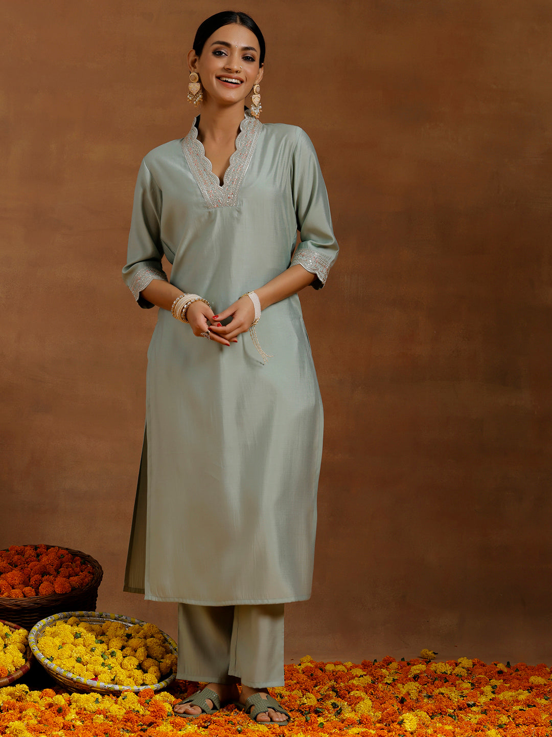 Sea Green Embroidered Silk Blend Straight Kurta Set