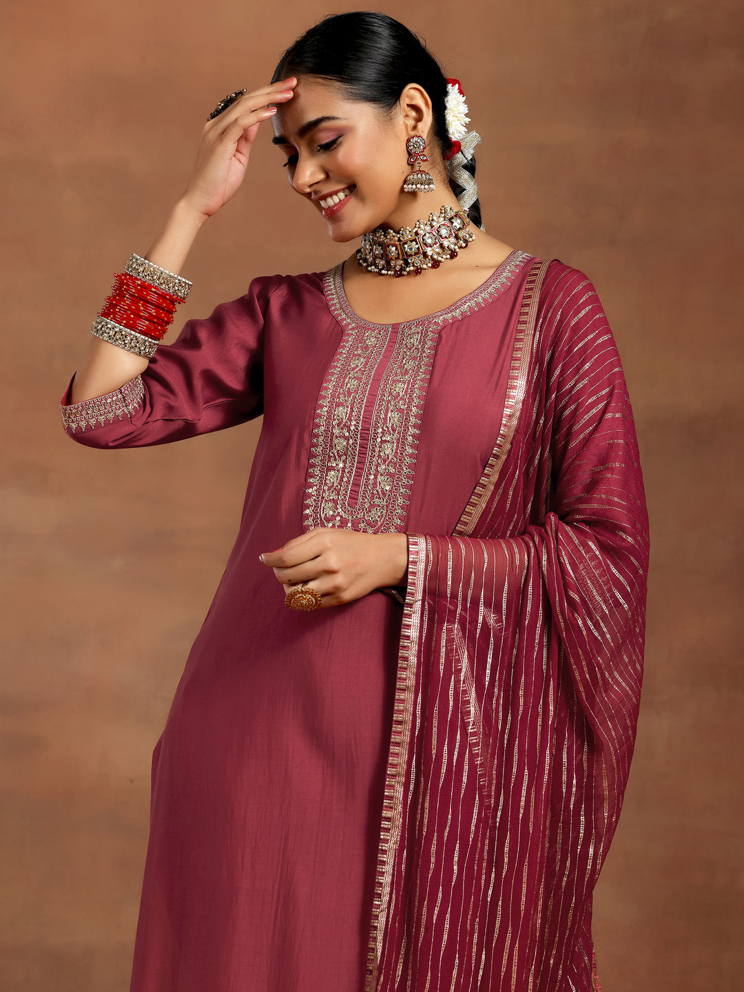 Rust Yoke Design Silk Blend Straight Suit With Dupatta