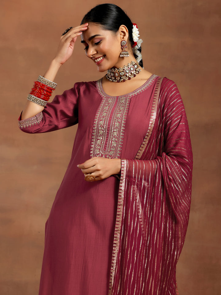 Rust Yoke Design Silk Blend Straight Suit With Dupatta