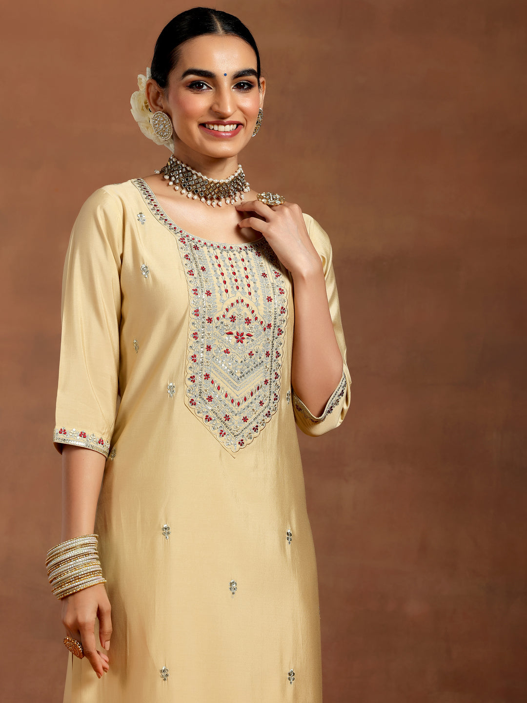 Beige Embroidered Silk Blend Straight Kurta Set