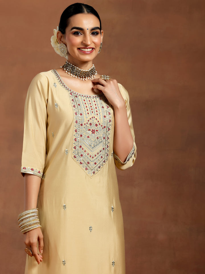 Beige Embroidered Silk Blend Straight Kurta Set
