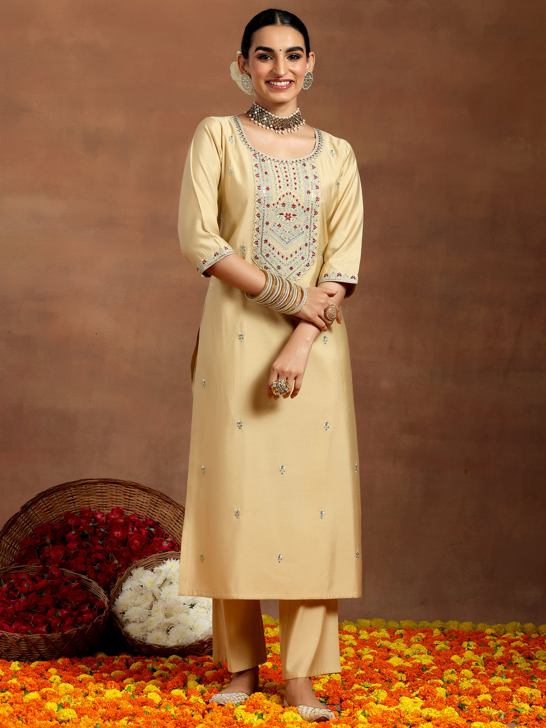 Beige Embroidered Silk Blend Straight Kurta Set