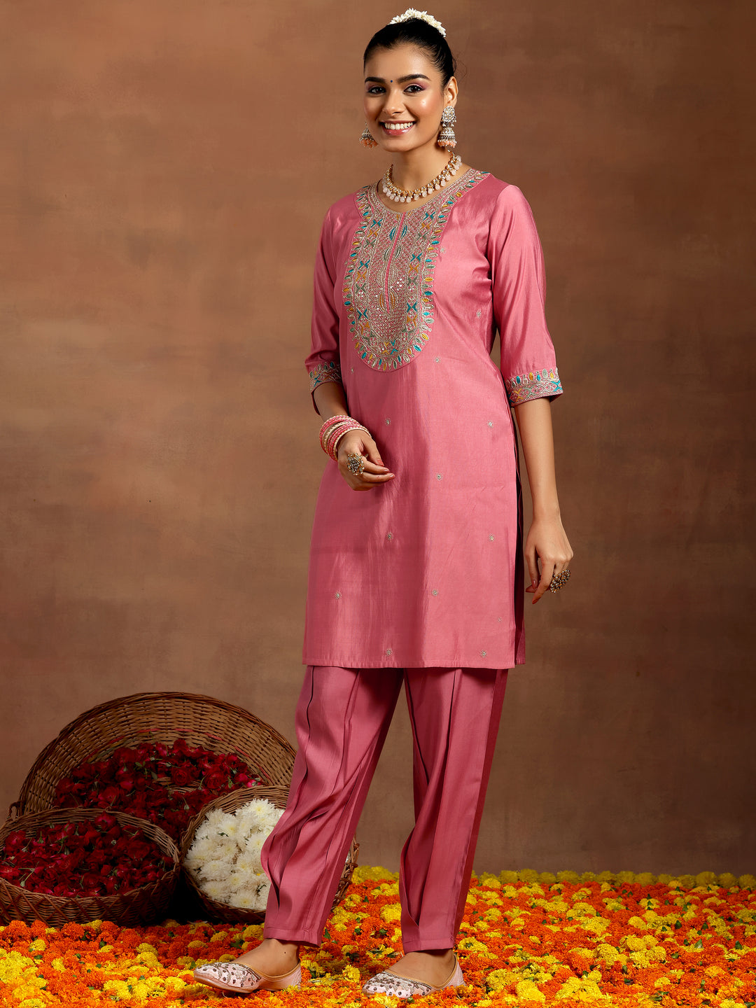 Peach Embroidered Silk Blend Straight Suit With Dupatta