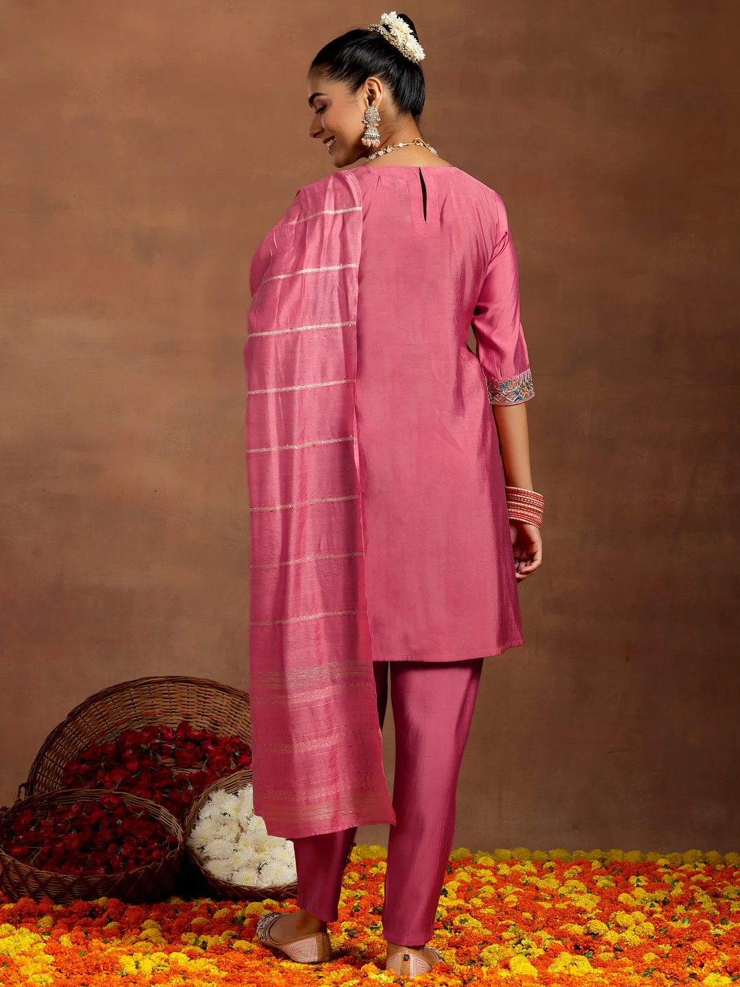 Peach Embroidered Silk Blend Straight Suit With Dupatta