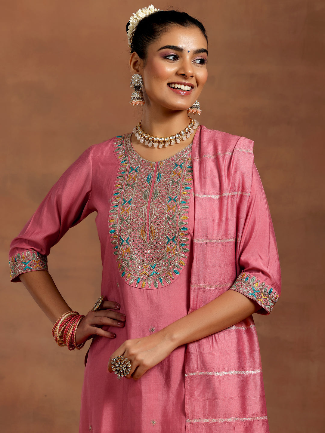 Peach Embroidered Silk Blend Straight Suit With Dupatta