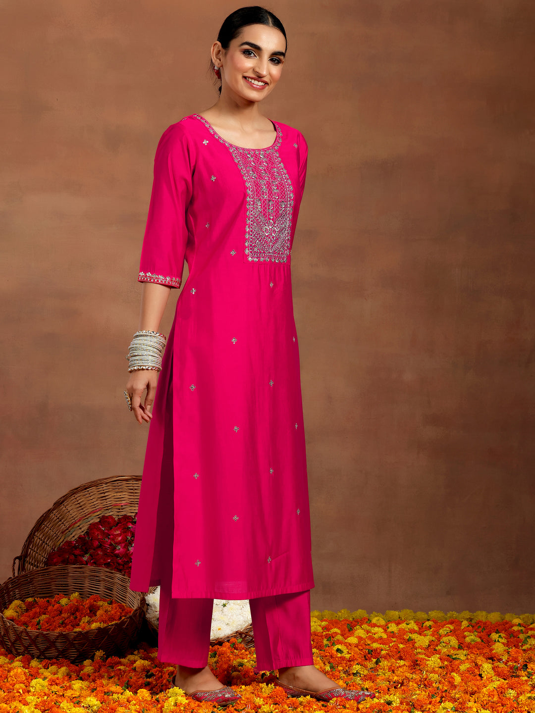 Pink Embroidered Silk Blend Straight Suit With Dupatta