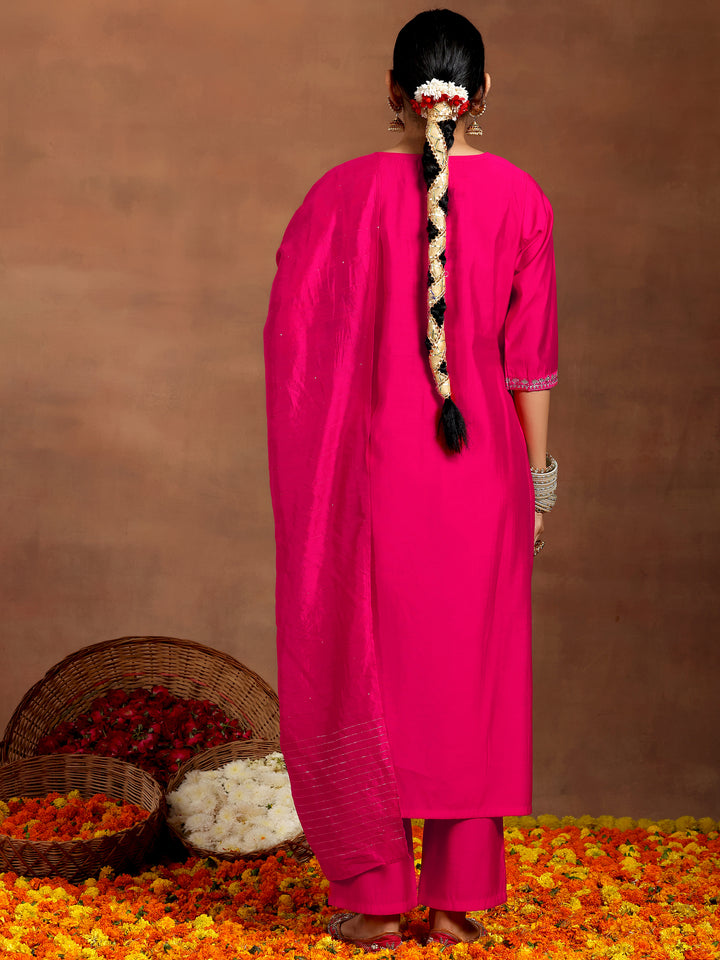 Pink Embroidered Silk Blend Straight Suit With Dupatta
