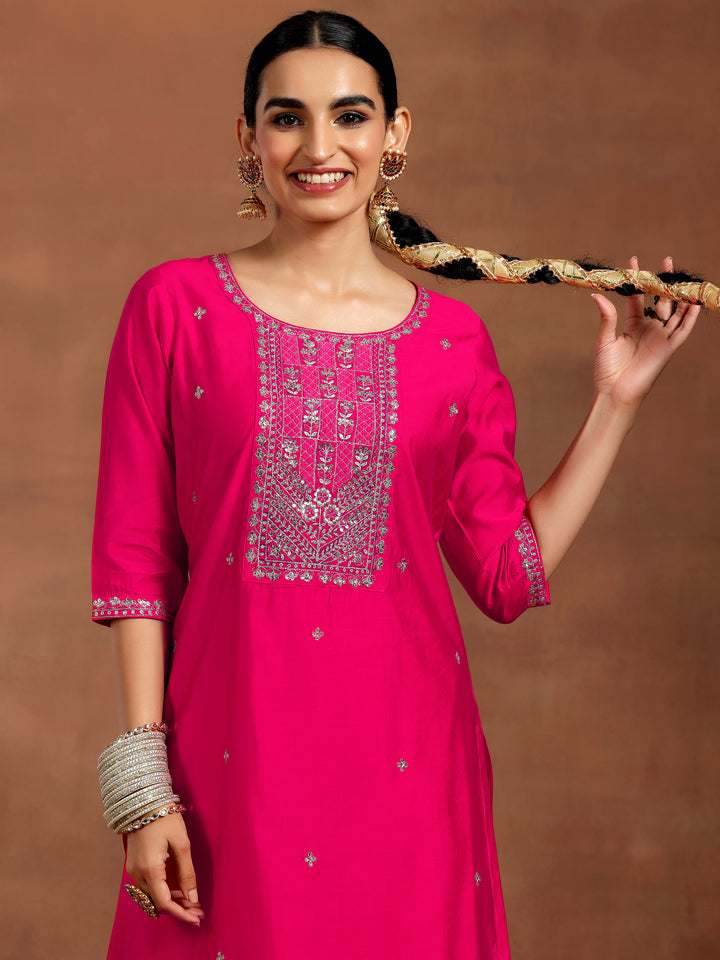 Pink Embroidered Silk Blend Straight Suit With Dupatta