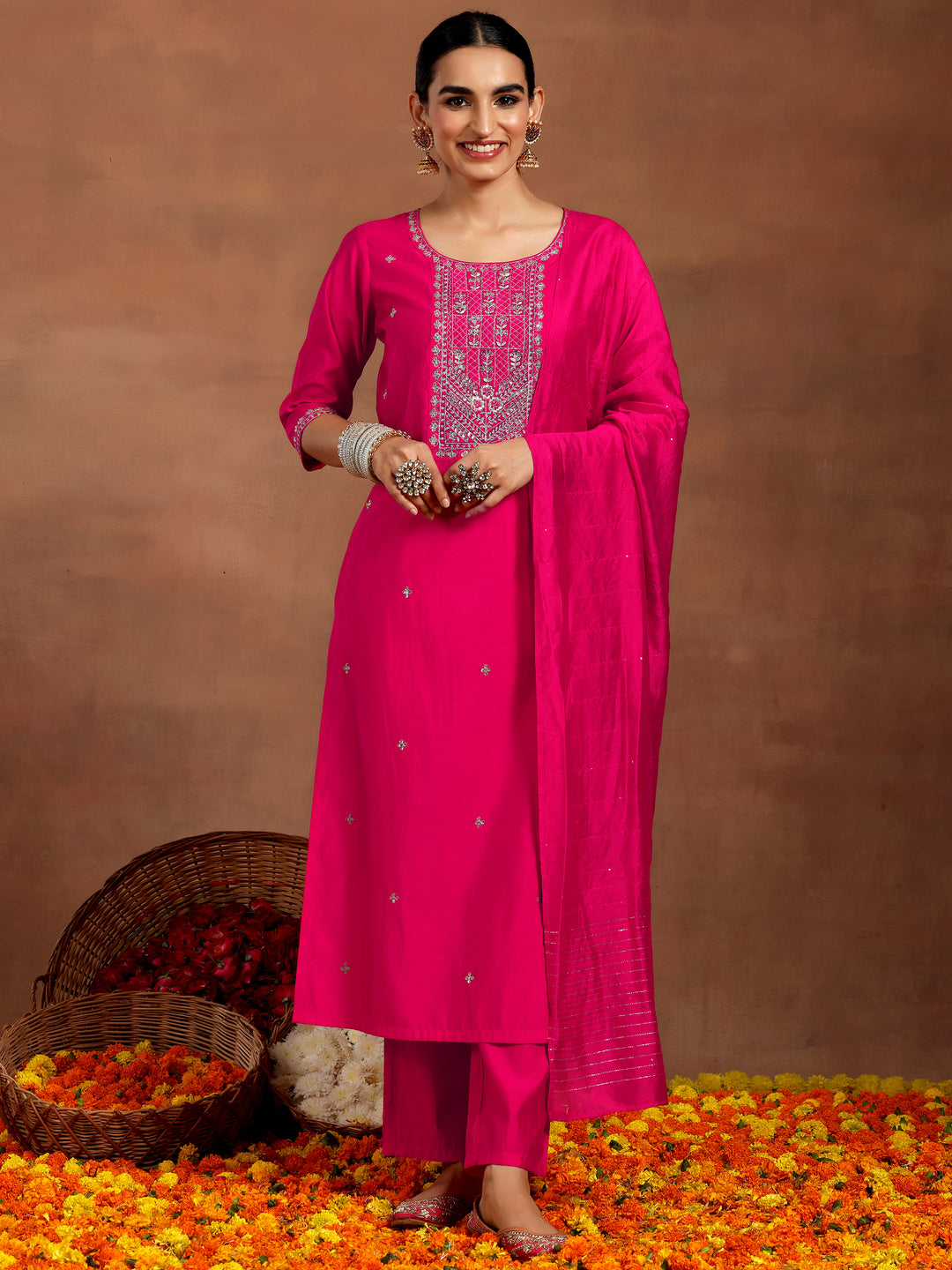 Pink Embroidered Silk Blend Straight Suit With Dupatta