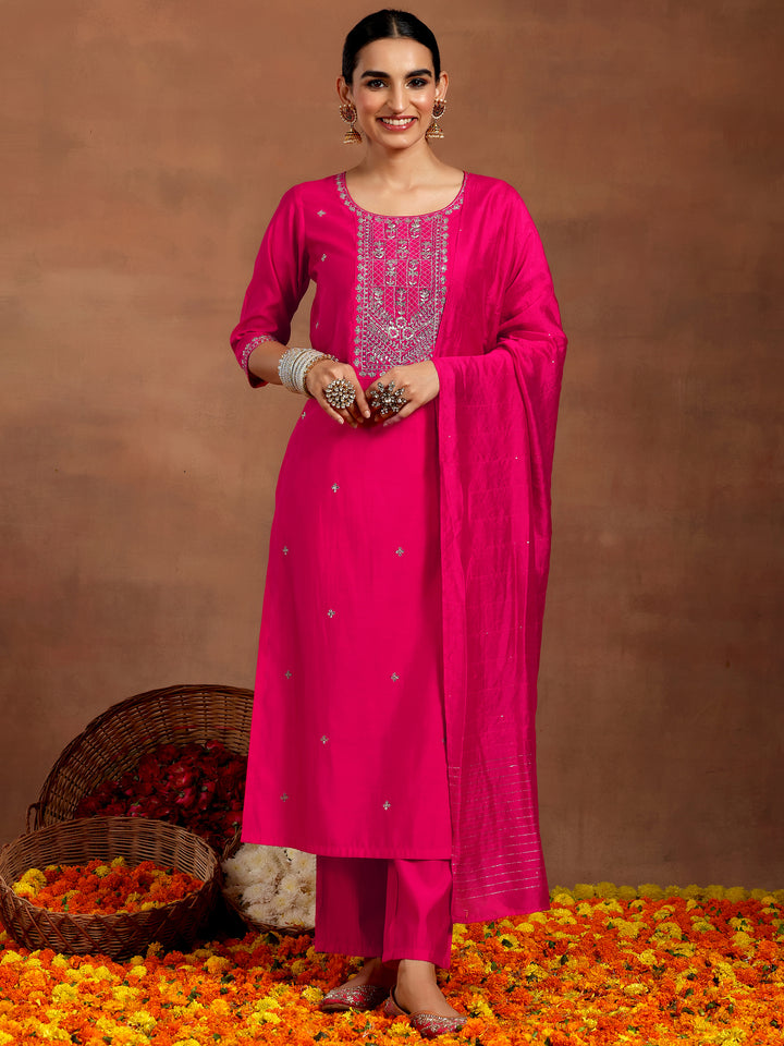 Pink Embroidered Silk Blend Straight Suit With Dupatta