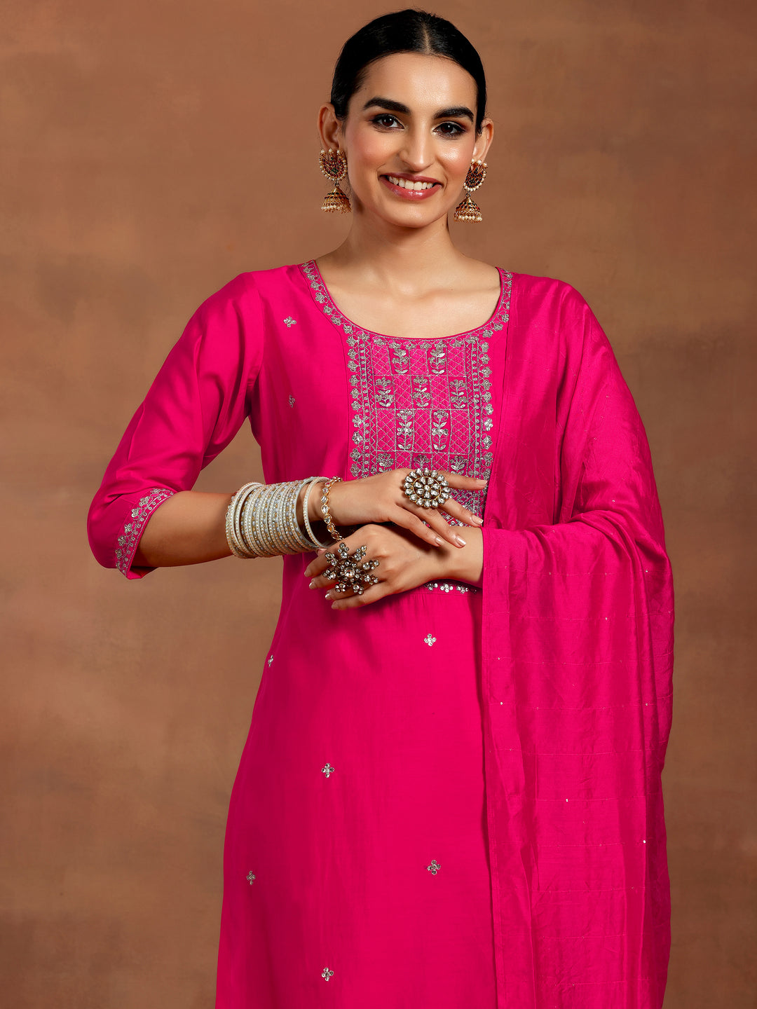 Pink Embroidered Silk Blend Straight Suit With Dupatta