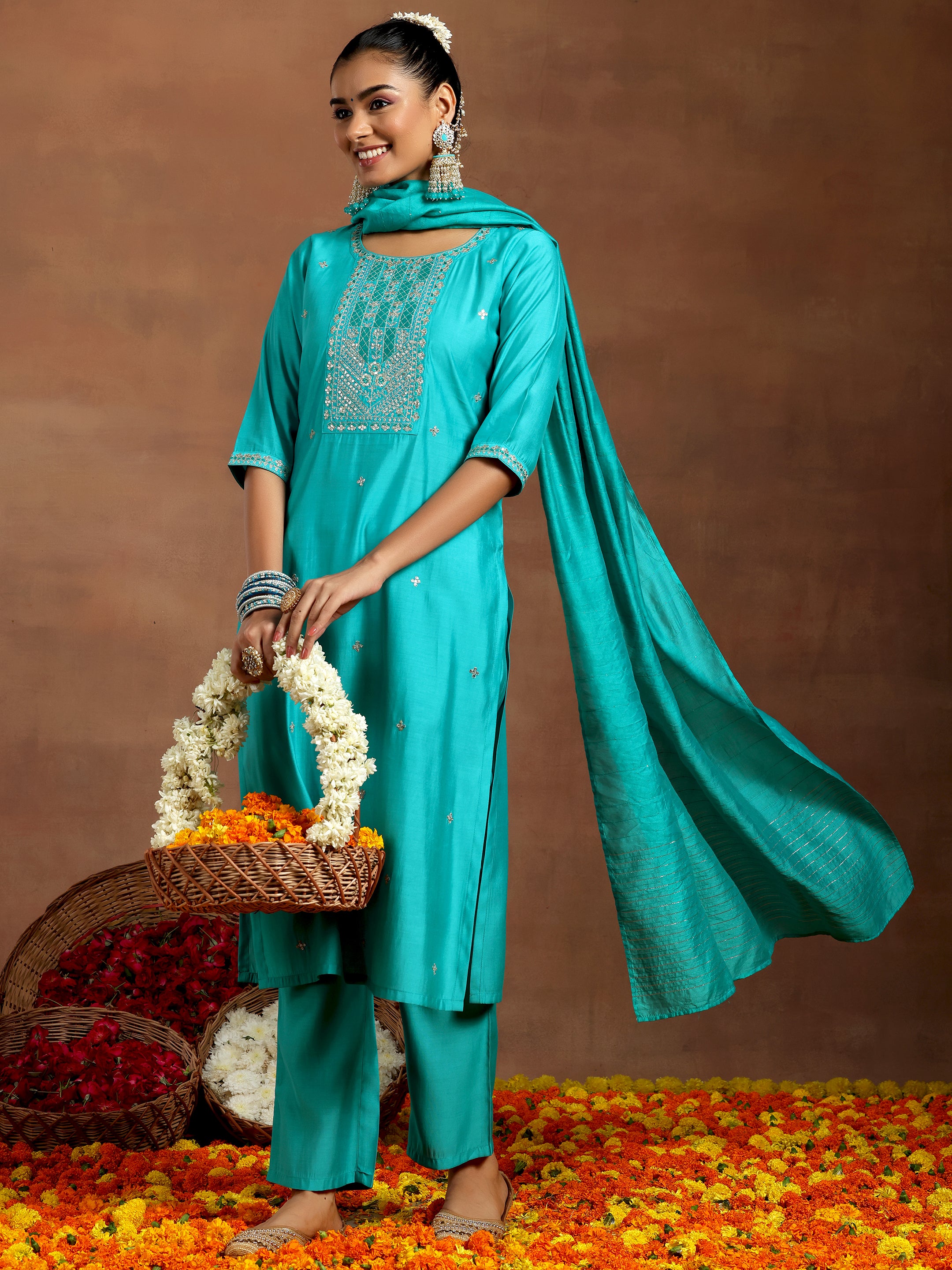 Blue Embroidered Silk Blend A-Line Suit Sets With Dupatta