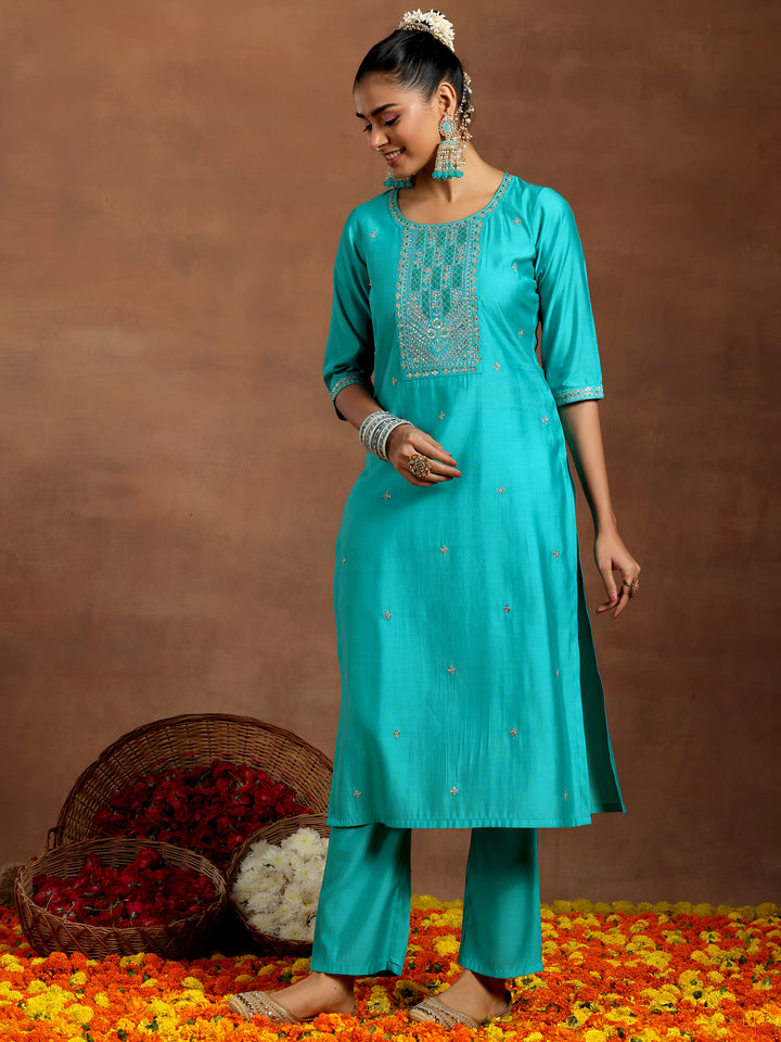Blue Embroidered Silk Blend Straight Suit With Dupatta
