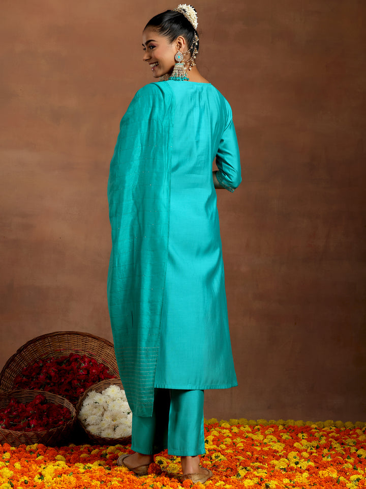 Blue Embroidered Silk Blend Straight Suit With Dupatta
