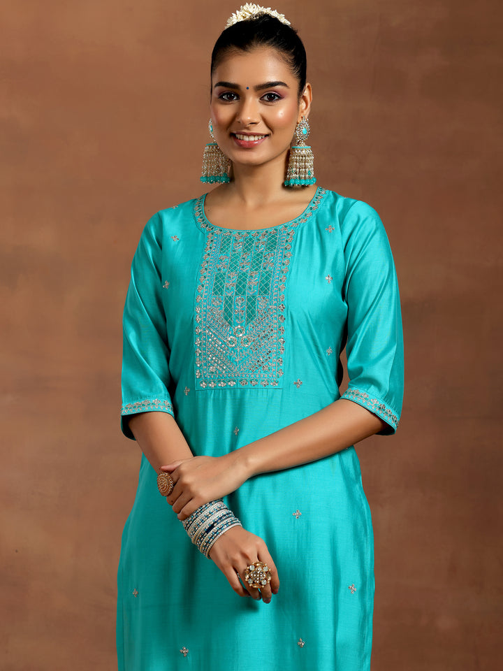 Blue Embroidered Silk Blend Straight Suit With Dupatta