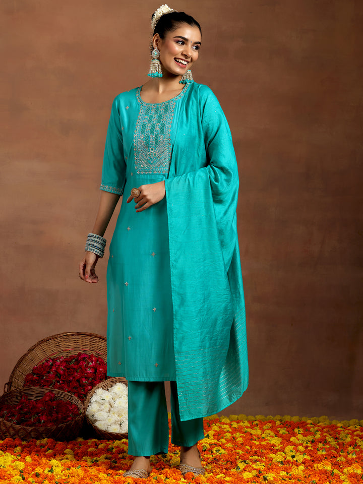 Blue Embroidered Silk Blend Straight Suit With Dupatta