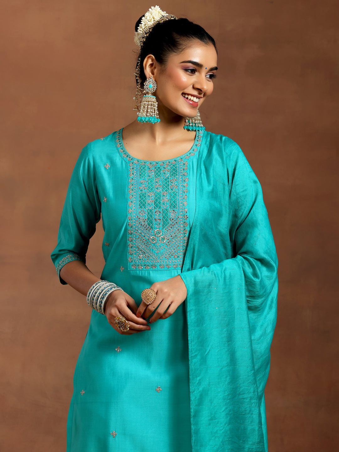 Blue Embroidered Silk Blend Straight Suit With Dupatta