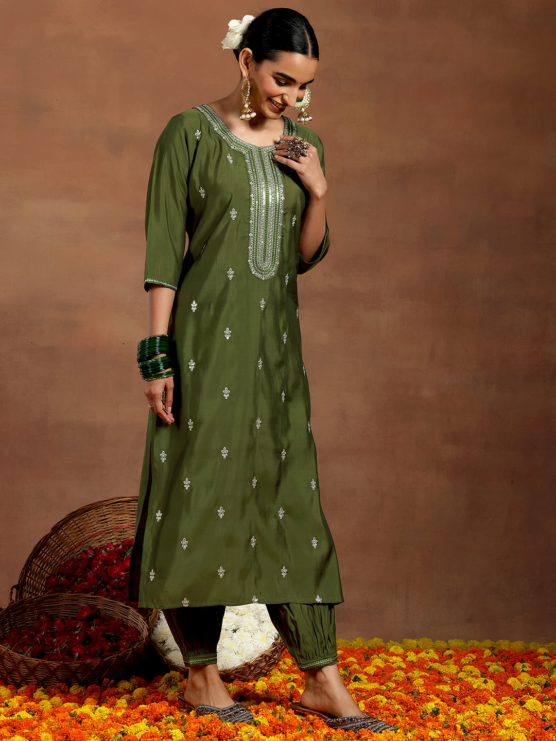 Olive Embroidered Silk Blend Straight Suit With Dupatta