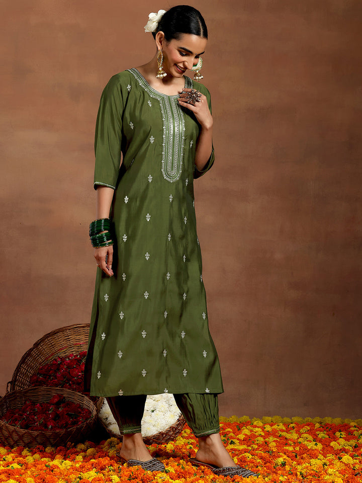 Olive Embroidered Silk Blend Straight Suit With Dupatta