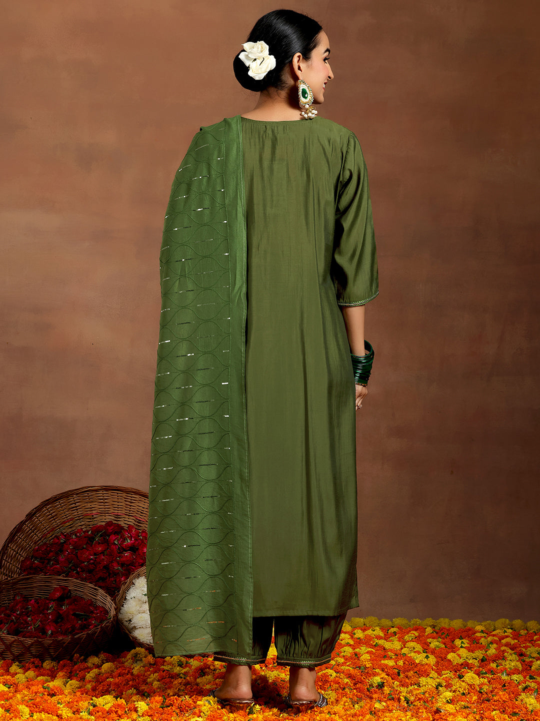 Olive Embroidered Silk Blend Straight Suit With Dupatta