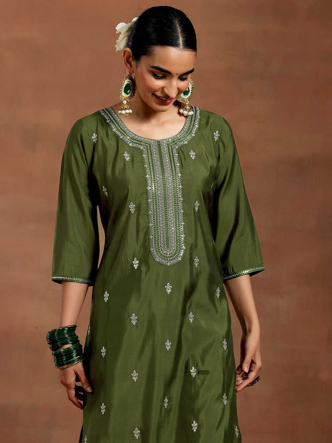 Olive Embroidered Silk Blend Straight Suit With Dupatta