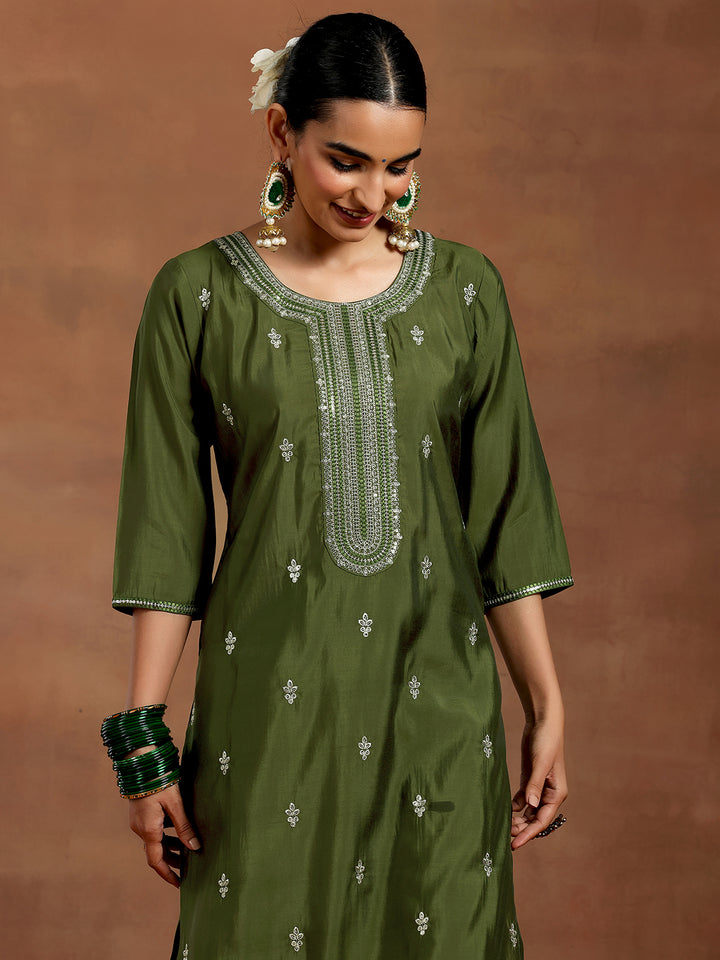 Olive Embroidered Silk Blend Straight Suit With Dupatta